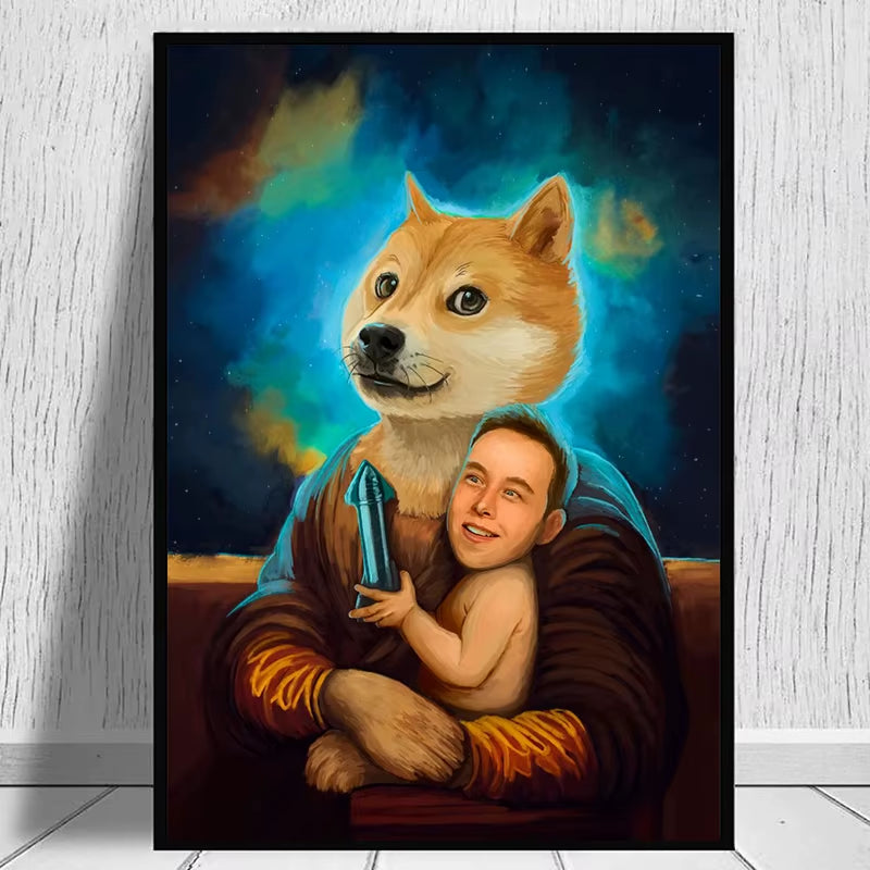 Funny Elon Musk with Dog Memes Poster and Print Canvas Painting Elon on the Podcast Wall Art for Modern Living Room Home Decor