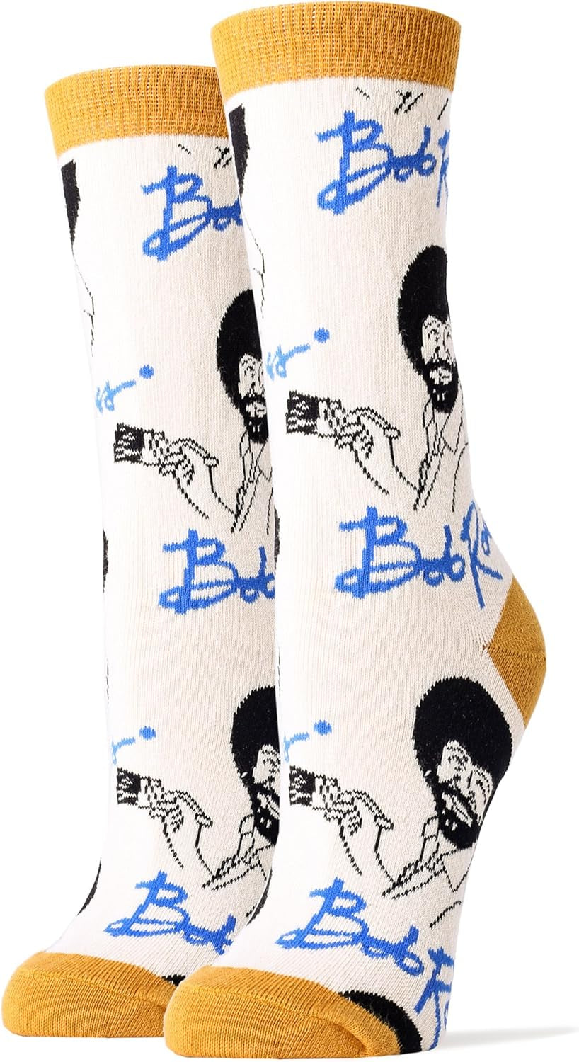 Women'S Novelty Funny Bob Ross Crew Socks, Holiday Crazy Fun Dress Socks, Fits Shoe Size 5-10