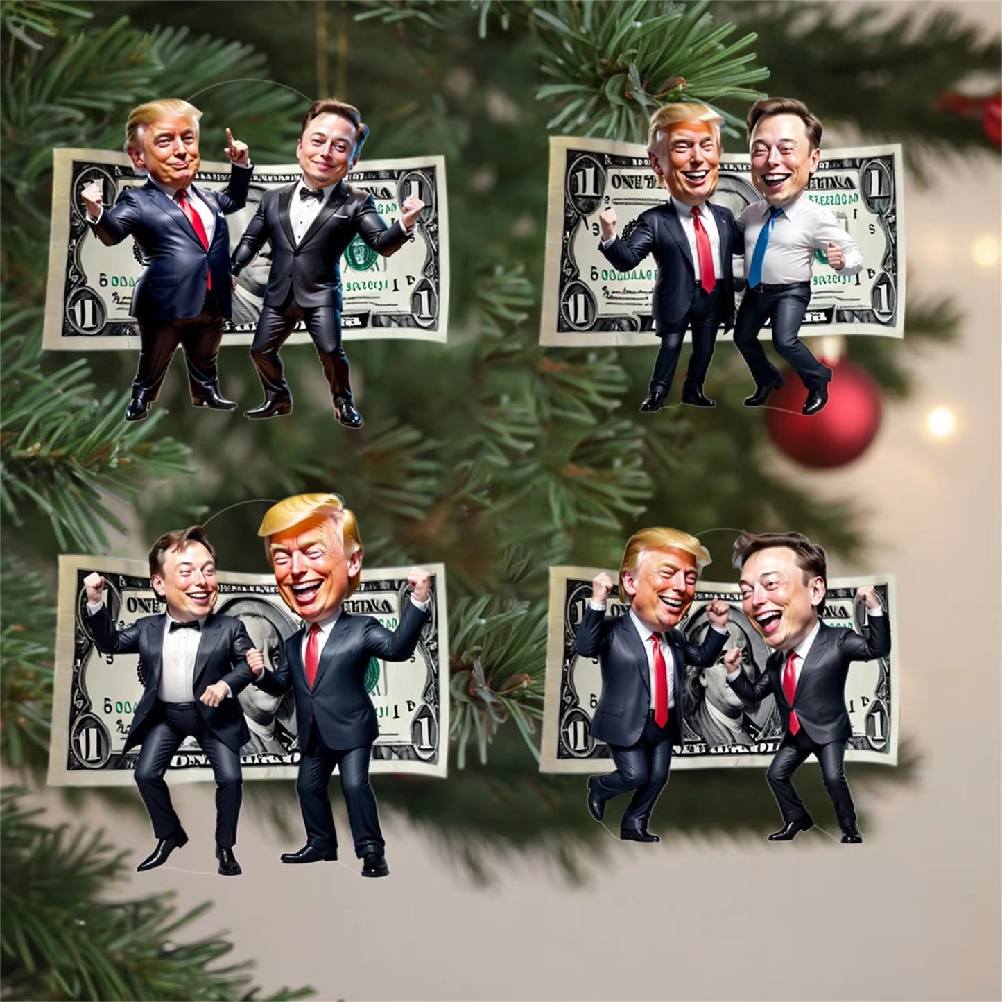 Trump and Elon Musk Acrylic Cartoon Pendant Funny Pendant Keychain with Car Doll Hanging Christmas Tree Acrylic Pendan 2D