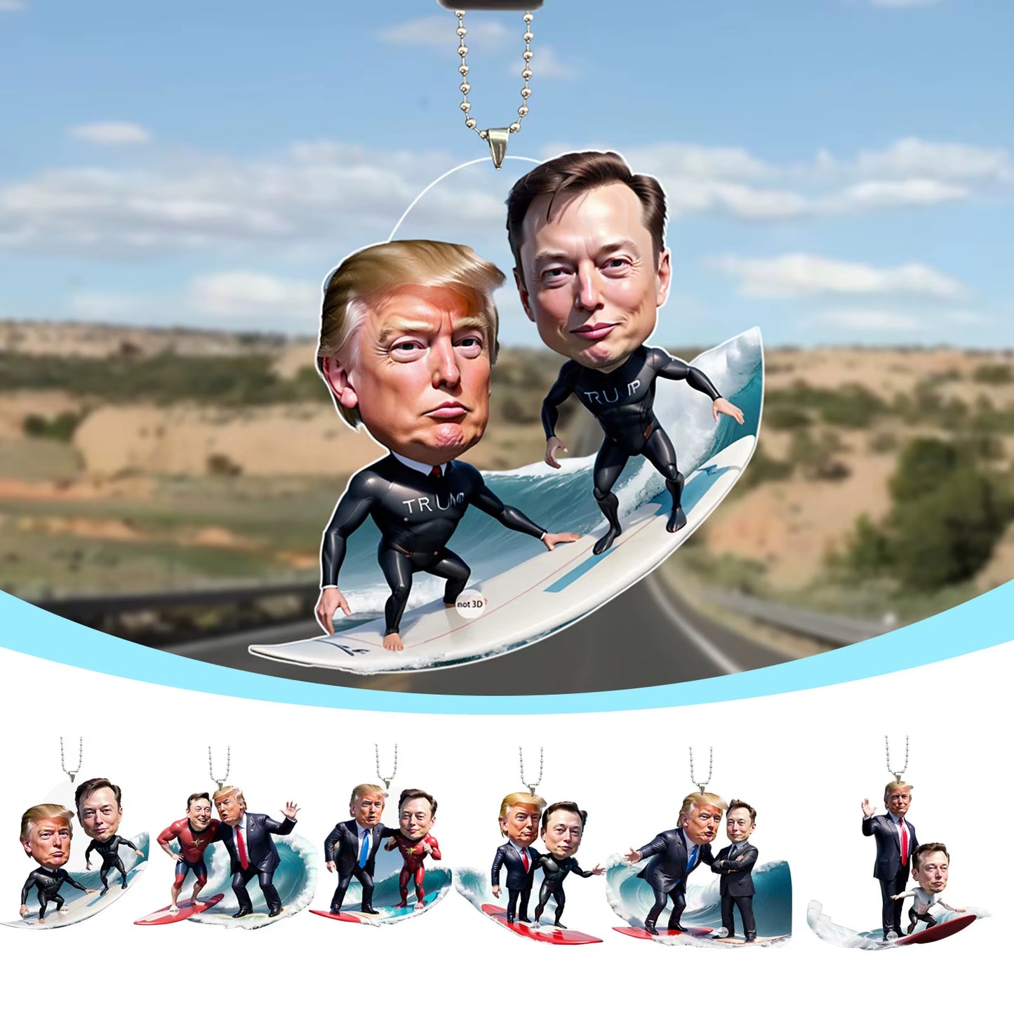 Trump and Elon Musk Acrylic 2D Ornaments Cartoon Pendant Funny Pendant Keychain with Car Doll Hanging Christmas Tree Pendan