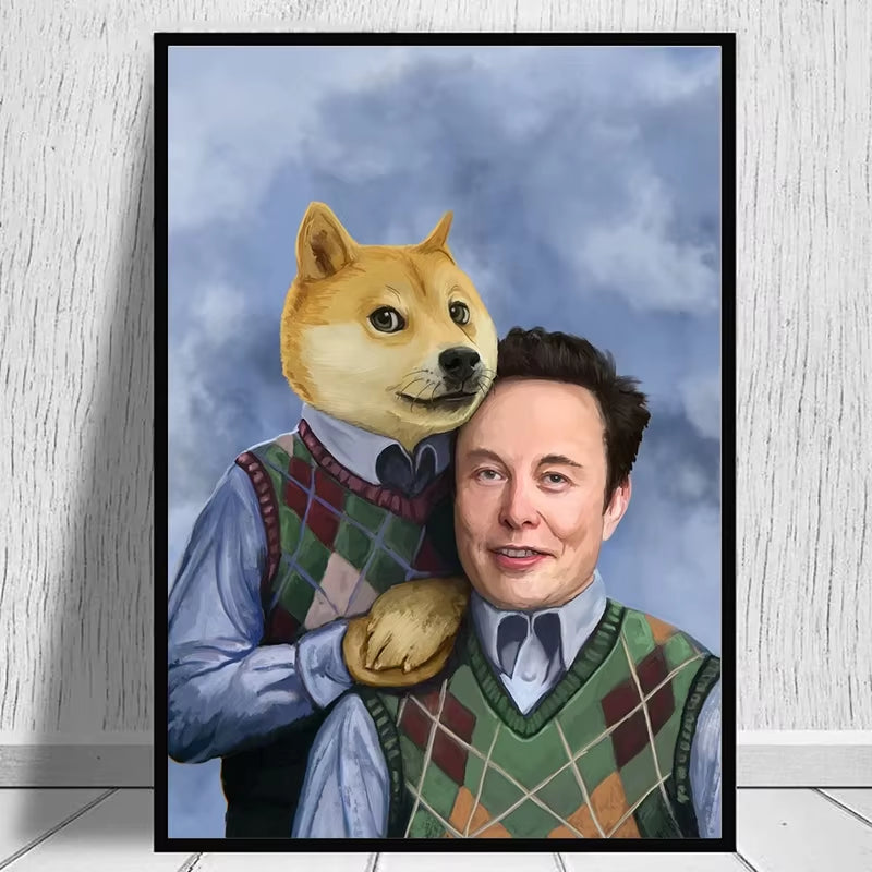 Funny Elon Musk with Dog Memes Poster and Print Canvas Painting Elon on the Podcast Wall Art for Modern Living Room Home Decor