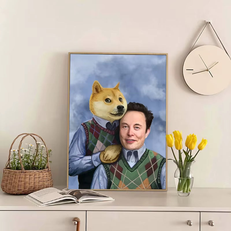 Funny Elon Musk with Dog Memes Poster and Print Canvas Painting Elon on the Podcast Wall Art for Modern Living Room Home Decor