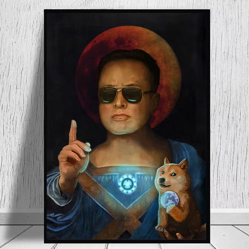 Funny Elon Musk with Dog Memes Poster and Print Canvas Painting Elon on the Podcast Wall Art for Modern Living Room Home Decor