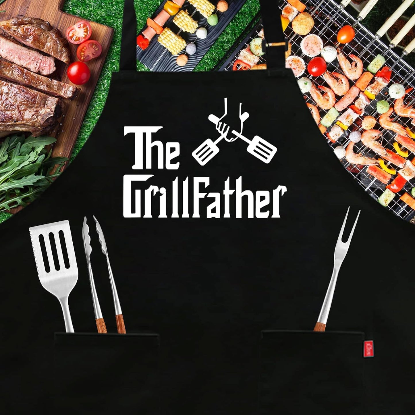 Grill Aprons for Men Dad - the Grill Father Apron - Funny Chef Cooking Grilling BBQ Apron with 2 Pockets - Birthday Fathers Day Christmas Gifts for Dad