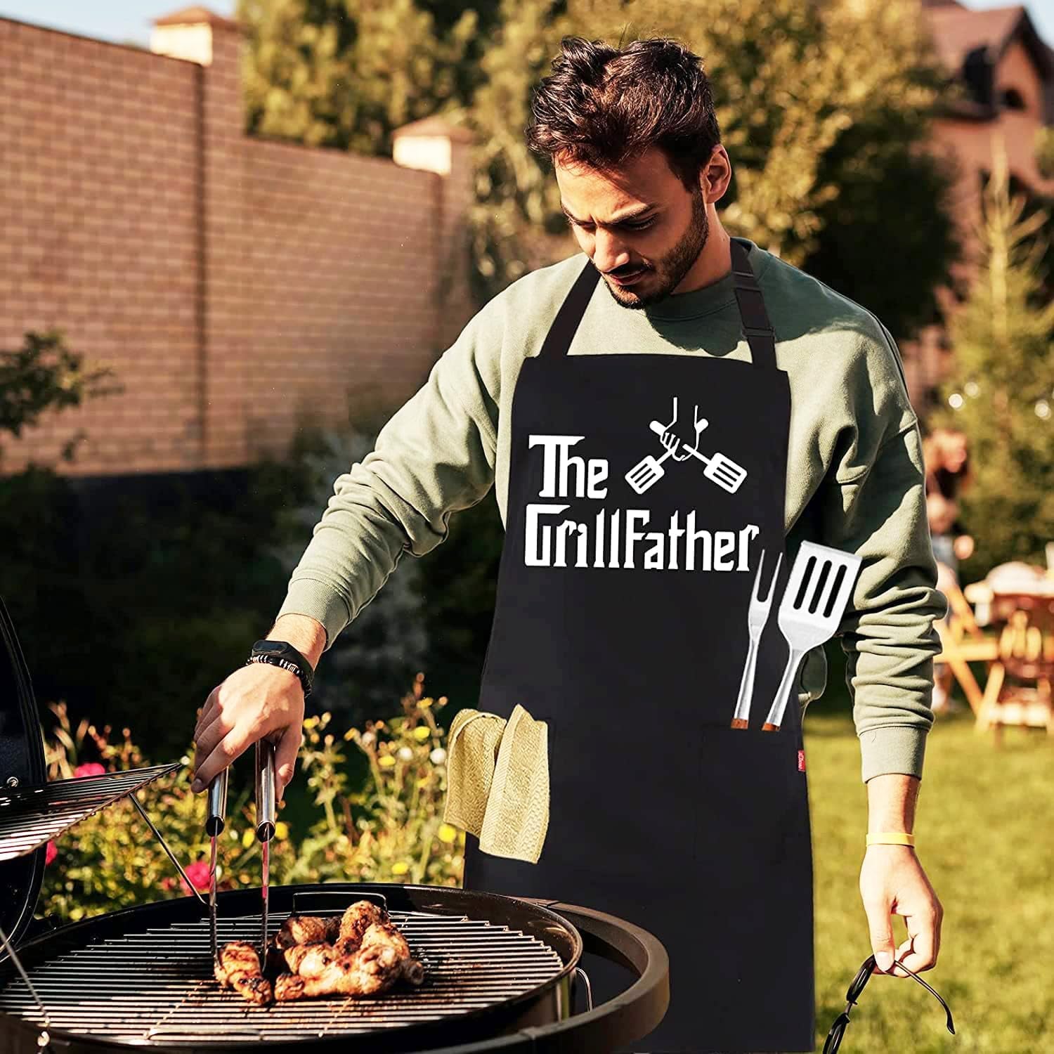 Grill Aprons for Men Dad - the Grill Father Apron - Funny Chef Cooking Grilling BBQ Apron with 2 Pockets - Birthday Fathers Day Christmas Gifts for Dad