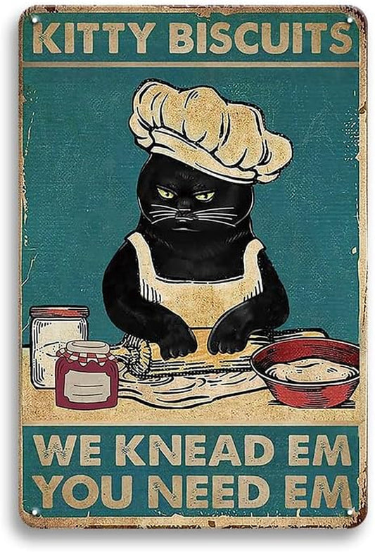 Cat Kitty Kitchen Vintage Metal Tin Sign,Kitty Biscuits We Knead Em You Need Em,Funny Cute Black Cat Wall Art Decor Metal Sign for Home Kitchen Farm Restaurant Bakery, Friends, Family