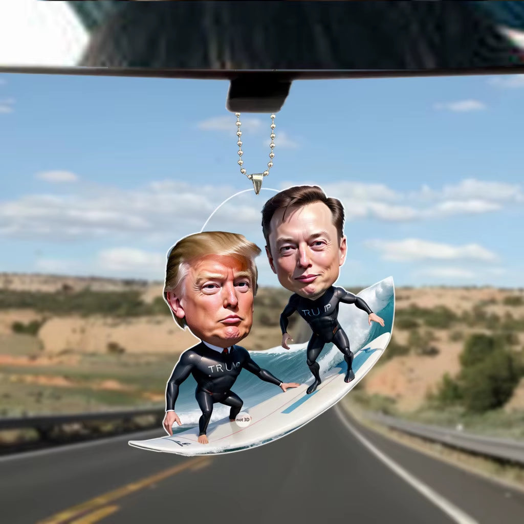 Trump and Elon Musk Acrylic 2D Ornaments Cartoon Pendant Funny Pendant Keychain with Car Doll Hanging Christmas Tree Pendan