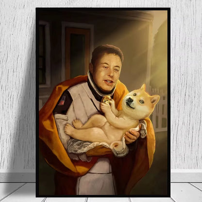 Funny Elon Musk with Dog Memes Poster and Print Canvas Painting Elon on the Podcast Wall Art for Modern Living Room Home Decor