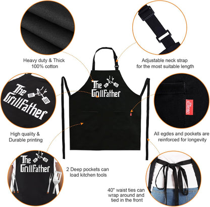 Grill Aprons for Men Dad - the Grill Father Apron - Funny Chef Cooking Grilling BBQ Apron with 2 Pockets - Birthday Fathers Day Christmas Gifts for Dad