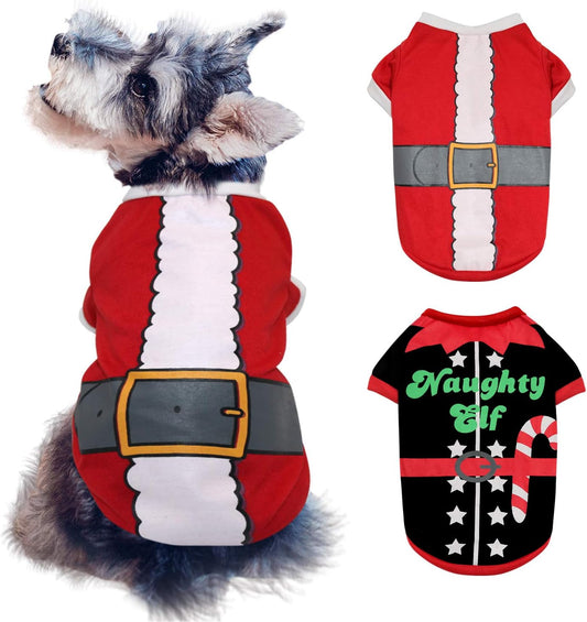 2 Pack Dog Christmas Shirts Pet Santa & Elf Costume Printed Puppy Shirts Pet Shirts Festive Christmas Themed Soft Dog Clothing for Cats Small Dogs Pupp,M