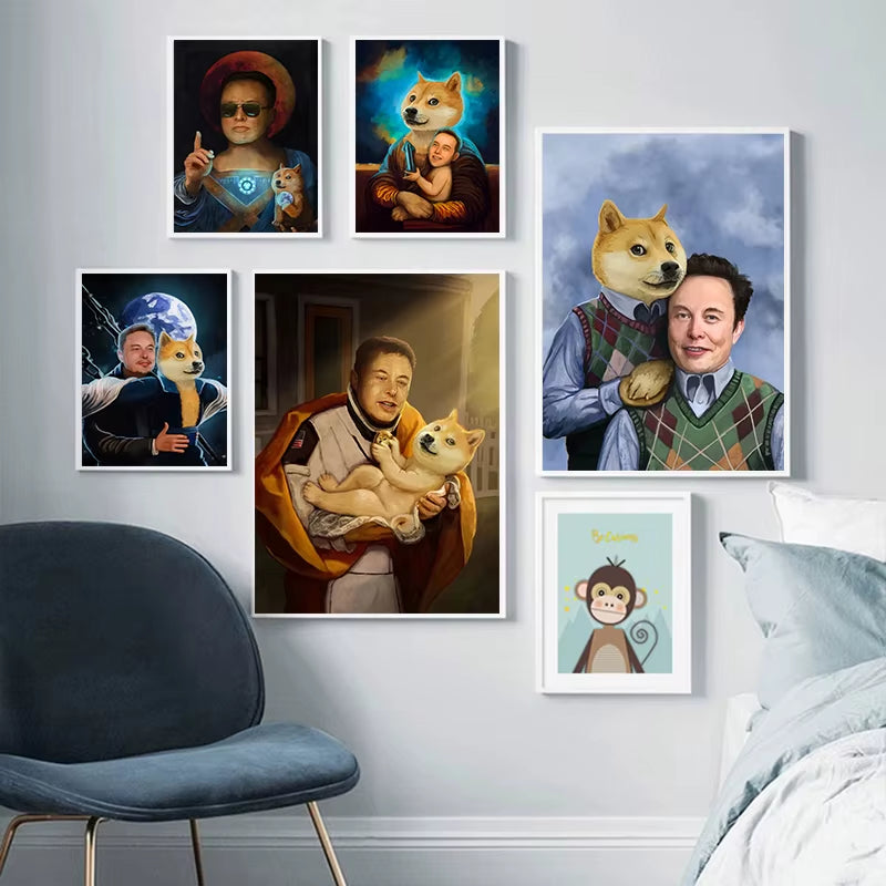 Funny Elon Musk with Dog Memes Poster and Print Canvas Painting Elon on the Podcast Wall Art for Modern Living Room Home Decor