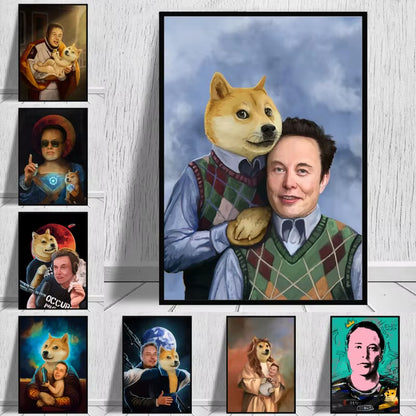 Funny Elon Musk with Dog Memes Poster and Print Canvas Painting Elon on the Podcast Wall Art for Modern Living Room Home Decor