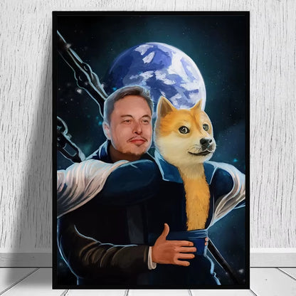 Funny Elon Musk with Dog Memes Poster and Print Canvas Painting Elon on the Podcast Wall Art for Modern Living Room Home Decor