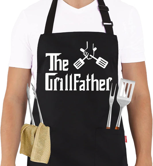 Grill Aprons for Men Dad - the Grill Father Apron - Funny Chef Cooking Grilling BBQ Apron with 2 Pockets - Birthday Fathers Day Christmas Gifts for Dad