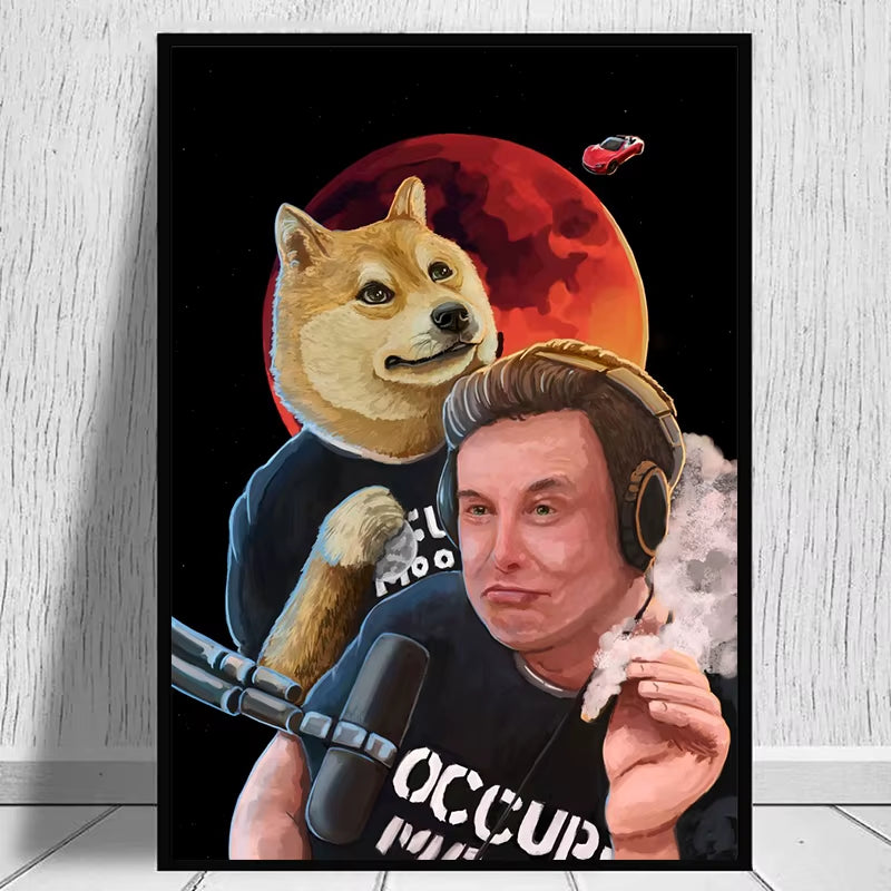 Funny Elon Musk with Dog Memes Poster and Print Canvas Painting Elon on the Podcast Wall Art for Modern Living Room Home Decor